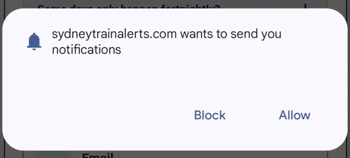 Chrome on Android asking whether sydneytrainalerts.com can send you notifications, with Block and Allow buttons.