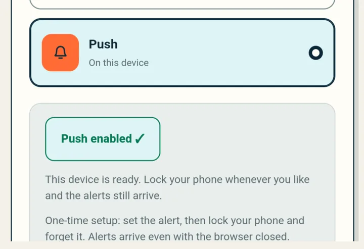 The Delivery step showing Push enabled with a green tick and the message This device is ready.