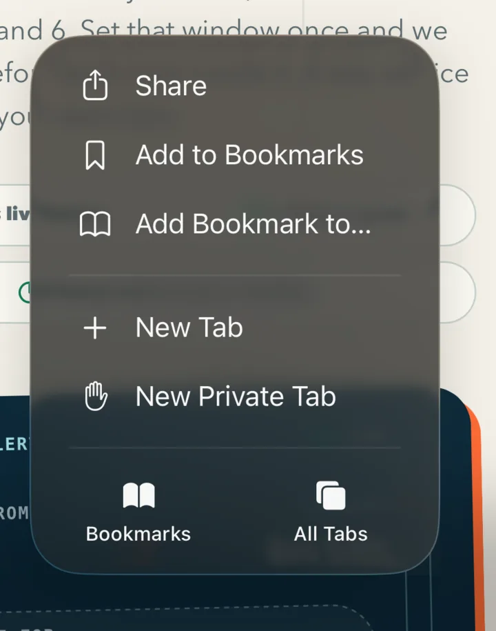 Safari on iOS 26 with the three dots menu open, showing Share at the top of the list.