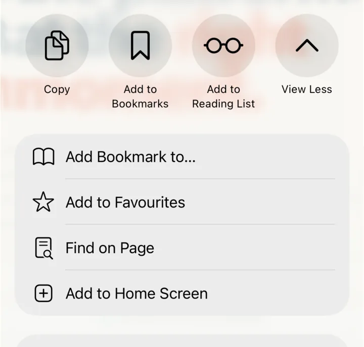 The expanded Safari share sheet with Add to Home Screen visible in the list below Find on Page.