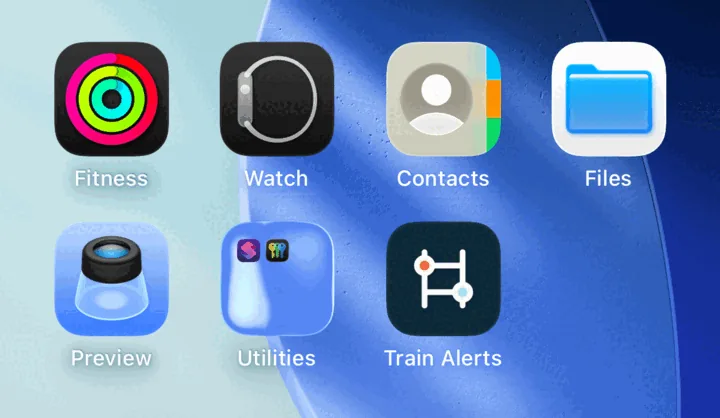 An iPhone Home Screen with the Train Alerts icon added alongside the built-in apps.